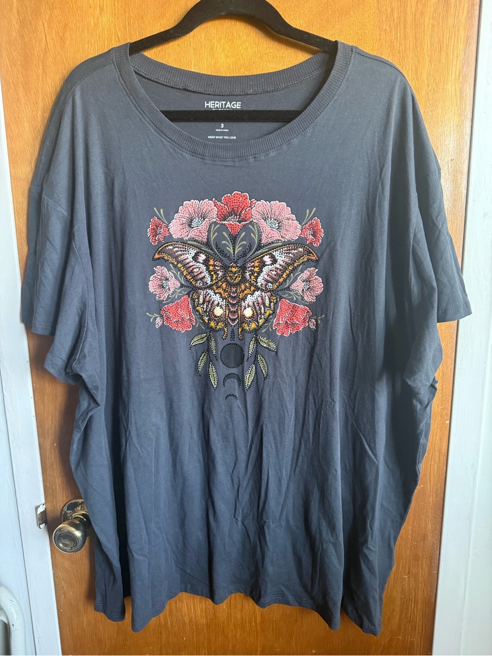 Heritage Charcoal Tee with Colorful Butterfly & Floral Motif